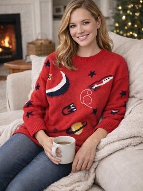 Red Space-Print Crewneck Sweater - Women Small Size